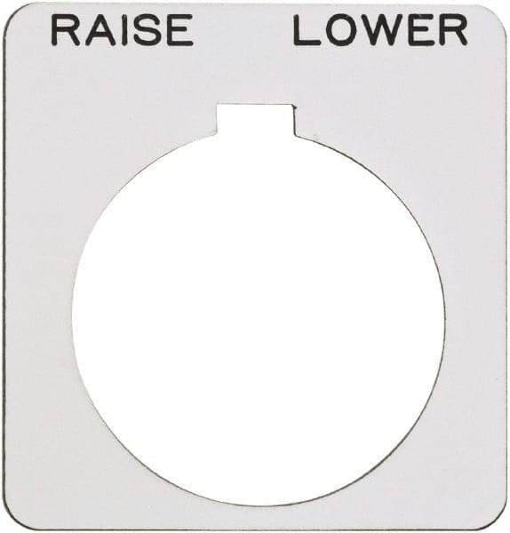 Schneider Electric - Square, Plastic Legend Plate - Raise-Lower - White Background, Black Letters, 1.22 Inch Hole Diameter, 1-3/4 Inch Square - Benchmark Tooling