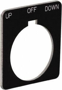 Schneider Electric - Square, Plastic Legend Plate - Up-Off-Down - Black Background, White Letters, 1.22 Inch Hole Diameter, 1-3/4 Inch Square - Benchmark Tooling