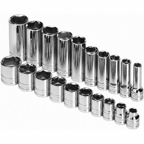 SK - 3/8" Drive Standard Deep Socket Set - 5/16 to 7/8", Inch Measurement Standard - Benchmark Tooling