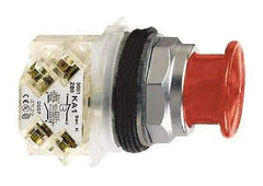 Schneider Electric - 30mm Mount Hole, Extended Mushroom Head, Pushbutton Switch with Contact Block - Round, Red Pushbutton, Momentary (MO) - Benchmark Tooling