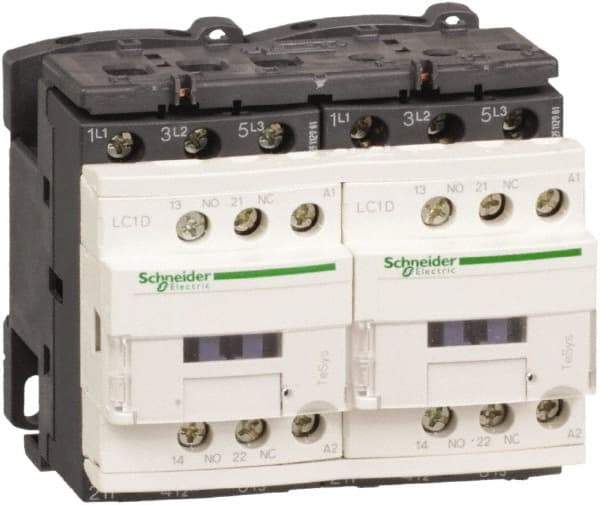 Schneider Electric - 3 Pole, 120 Coil VAC at 50/60 Hz, 32 Amp at 440 VAC, Reversible IEC Contactor - 1 Phase hp: 2 at 115 VAC, 5 at 230/240 VAC, 3 Phase hp: 10 at 230/240 VAC, 20 at 460/480 VAC, 30 at 575/600 VAC, 7.5 at 200/208 VAC - Benchmark Tooling
