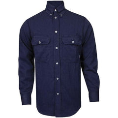 National Safety Apparel - Size M Navy Blue Flame Resistant/Retardant Long Sleeve Button Down Shirt - Exact Industrial Supply