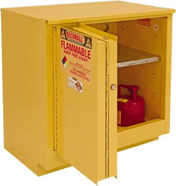 Securall Cabinets - 2 Door, 1 Shelf, Yellow Steel Under the Counter Safety Cabinet for Flammable and Combustible Liquids - 35-5/8" High x 35" Wide x 22" Deep, Sliding Door, 3 Point Key Lock, 24 Gal Capacity - Benchmark Tooling