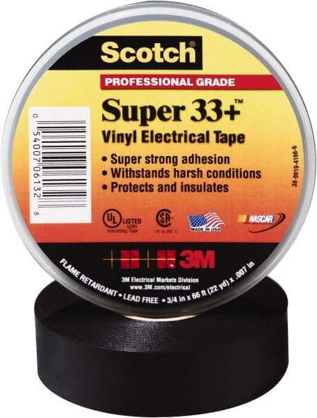 3M - 1" x 110', Black Vinyl Electrical Tape - Series 33+, 7 mil Thick, 1,150 V/mil Dielectric Strength, 15 Lb./Inch Tensile Strength - Benchmark Tooling