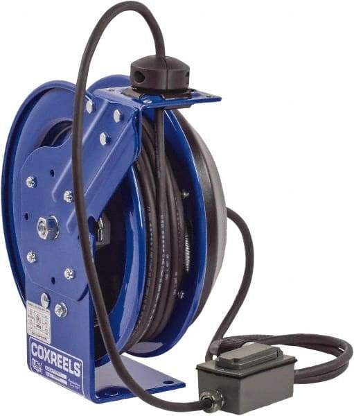 CoxReels - 12 AWG, 100' Cable Length, Cord & Cable Reel with Duplex GFCI Outlet Box End - 2 Outlets, NEMA 5-20R, 20 Amps, 115 Volts, SJO Cable, Blue Reel, Spring Driven Reel - Benchmark Tooling