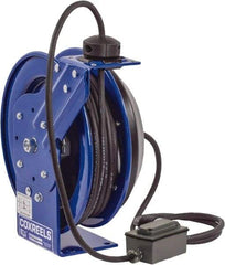 CoxReels - 12 AWG, 50' Cable Length, Cord & Cable Reel with Duplex GFCI Outlet Box End - 2 Outlets, NEMA 5-15R, 13 Amps, 115 Volts, SJO Cable, Blue Reel, Spring Driven Reel - Benchmark Tooling