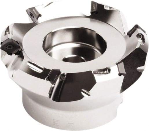 Seco - 90mm Cut Diam, 27mm Arbor Hole, 4.5mm Max Depth of Cut, 45° Indexable Chamfer & Angle Face Mill - 6 Inserts, SE.. 09T3 Insert, Right Hand Cut, 6 Flutes, Through Coolant, Series QuattroMill - Benchmark Tooling