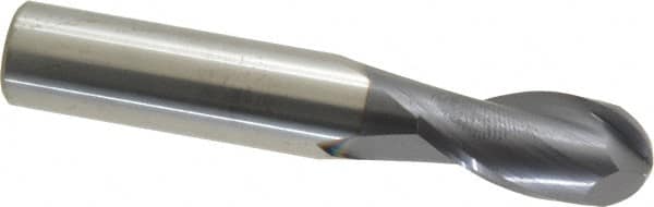 SGS - 1/2" Diam, 1" LOC, 2 Flute Solid Carbide Ball End Mill - AlTiN Finish, Single End, 3" OAL, 1/2" Shank Diam, Spiral Flute - Benchmark Tooling