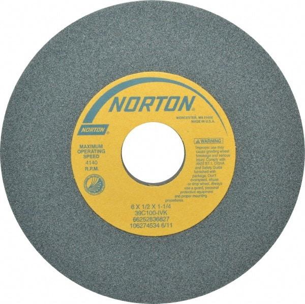 Norton - 6" Diam x 1-1/4" Hole x 1/2" Thick, I Hardness, 100 Grit Surface Grinding Wheel - Silicon Carbide, Type 1, Fine Grade, 4,140 Max RPM, Vitrified Bond, No Recess - Benchmark Tooling