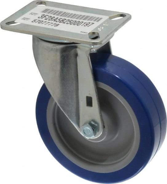 E.R. Wagner - 5" Diam x 1-1/2" Wide x 6-3/8" OAH Top Plate Mount Swivel Caster - Polyurethane, 450 Lb Capacity, Delrin Bearing, 3-1/8 x 4-1/8" Plate - Benchmark Tooling
