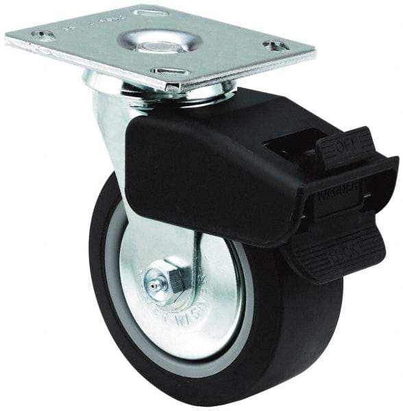 E.R. Wagner - 5" Diam x 2" Wide x 6-1/2" OAH Top Plate Mount Swivel Caster with Brake - TPR, 350 Lb Capacity, Roller Bearing, 4 x 4-1/2" Plate - Benchmark Tooling