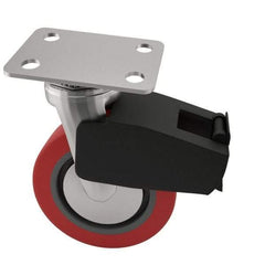 E.R. Wagner - 4" Diam x 2" Wide x 5-5/8" OAH Top Plate Mount Swivel Caster with Brake - Polyurethane, 600 Lb Capacity, Roller Bearing, 2-3/4 x 3-3/4" Plate - Benchmark Tooling