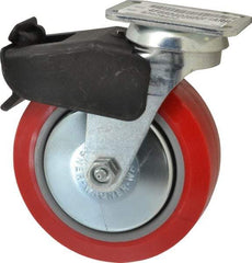 E.R. Wagner - 6" Diam x 2" Wide x 7-1/2" OAH Top Plate Mount Swivel Caster with Brake - Polyurethane, 700 Lb Capacity, Roller Bearing, 2-3/4 x 3-3/4" Plate - Benchmark Tooling