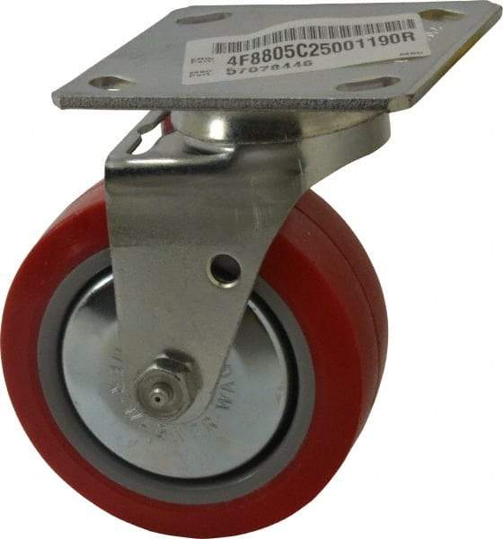 E.R. Wagner - 5" Diam x 2" Wide x 6-1/2" OAH Top Plate Mount Swivel Caster - Polyurethane, 650 Lb Capacity, Roller Bearing, 4 x 4-1/2" Plate - Benchmark Tooling