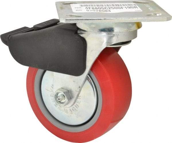 E.R. Wagner - 5" Diam x 2" Wide x 6-1/2" OAH Top Plate Mount Swivel Caster with Brake - Polyurethane, 650 Lb Capacity, Roller Bearing, 4 x 4-1/2" Plate - Benchmark Tooling