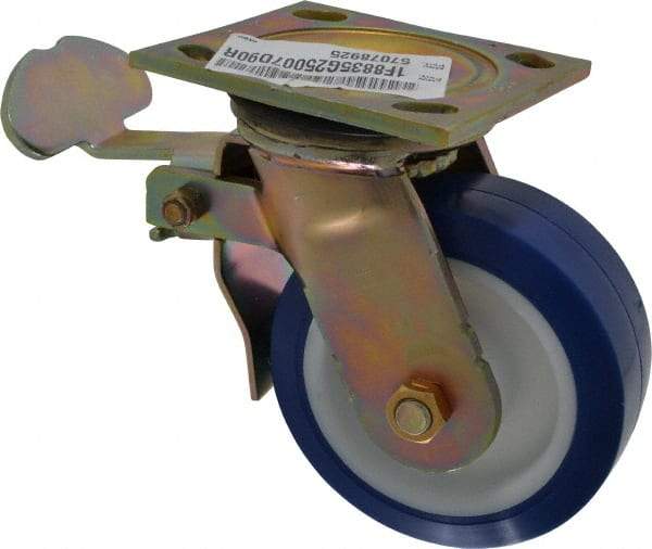 E.R. Wagner - 5" Diam x 2" Wide x 6-1/2" OAH Top Plate Mount Swivel Caster with Brake - Polyurethane, 750 Lb Capacity, Delrin Bearing, 4 x 4-1/2" Plate - Benchmark Tooling