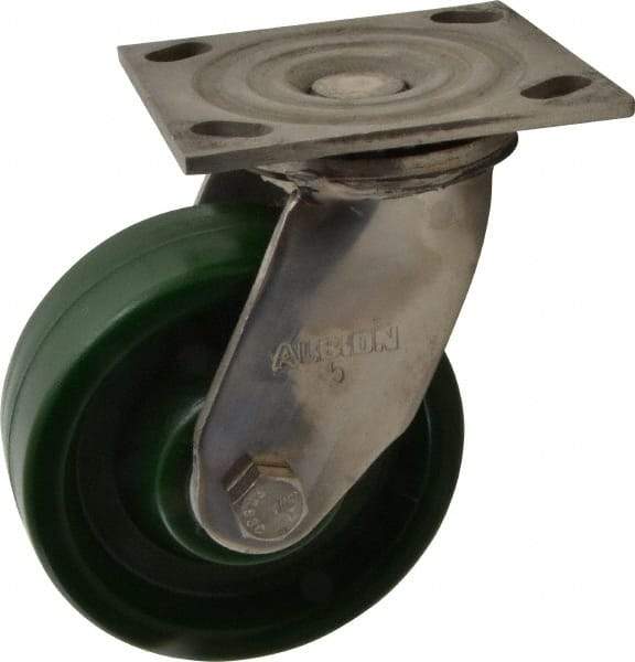Albion - 5" Diam x 2" Wide x 6-1/2" OAH Top Plate Mount Swivel Caster - Polyurethane, 1,000 Lb Capacity, Delrin Bearing, 4 x 4-1/2" Plate - Benchmark Tooling