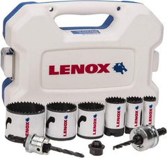 Lenox - 9 Piece, 7/8" to 2-1/4" Saw Diam, Electrician's Hole Saw Kit - Bi-Metal, Toothed Edge, Includes 6 Hole Saws - Benchmark Tooling