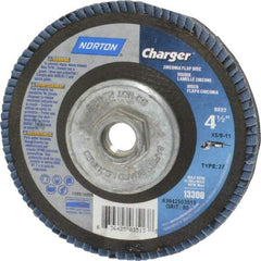 Norton - 40 Grit, 7" Disc Diam, 5/8-11 Center Hole, Type 27 Zirconia Alumina Flap Disc - 8,600 Max RPM, Fiberglass Backing, Arbor Attaching System, Coated - Benchmark Tooling