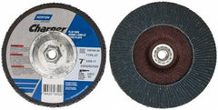 Norton - 60 Grit, 7" Disc Diam, 5/8-11 Center Hole, Type 27 Zirconia Alumina Flap Disc - 8,600 Max RPM, Fiberglass Backing, Coated - Benchmark Tooling