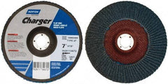 Norton - 40 Grit, 7" Disc Diam, 7/8" Center Hole, Type 27 Zirconia Alumina Flap Disc - 8,600 Max RPM, Fiberglass Backing, Coated - Benchmark Tooling