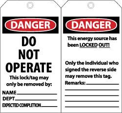 NMC - 3" High x 6" Long, DANGER - DO NOT OPERATE - THIS LOCK/TAG MAY ONLY BE REMOVED BY: NAME___ DEPT___ EXPECTED COMPLETION___, English Safety & Facility Lockout Tag - Tag Header: Danger, 2 Sides, Black, Red & White Unrippable Vinyl - Benchmark Tooling