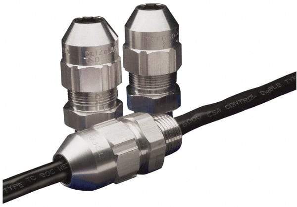 Thomas & Betts - 0.77 to 0.88" Cable Capacity, Class 1, Gas & Vapor Environments, Straight Strain Relief Cord Grip - 3/4 NPT Thread, Aluminum - Benchmark Tooling