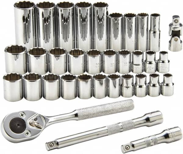 Proto - 34 Piece 3/8" Drive Standard Deep Socket Set - 12 Points, 7/8 to 7/8", 8 to 19mm, Inch/Metric Measurement Standard - Benchmark Tooling