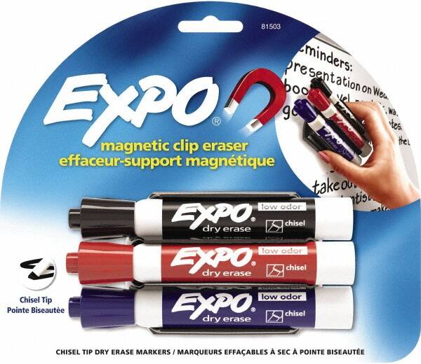 Expo - Chisel Tip 3 Pack with Dry Eraser - Includes Black, Red & Purple & Eraser, For Use with Dry Erase Marker Boards - Benchmark Tooling