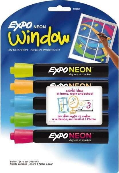 Expo - Blue, Green, Orange, Pink & Yellow Bullet Tip Neon 5 Pack Dry Erase Markers - For Use with Dry Erase Marker Boards - Benchmark Tooling