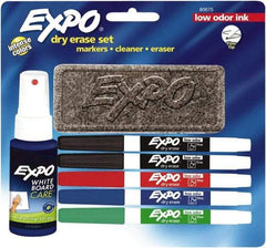 Expo - Red, Blue, Green & 2 Black Low Odor Fine Tip 5 Pack Dry Erase Markers - Includes 3 oz Cleaning Fluid & Eraser, For Use with Dry Erase Marker Boards - Benchmark Tooling