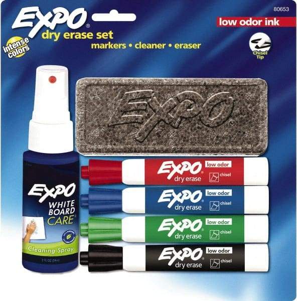 Expo - Red, Blue, Green & Black Low Odor 4 Pack Chisel Tip Dry Erase Markers - Includes Eraser & 3 oz Cleaning Fluid, For Use with Dry Erase Marker Boards - Benchmark Tooling