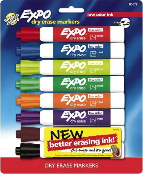 Expo - Black, Blue, Brown, Green, Orange, Pink, Purple & Red Low Odor Chisel Tip 8 Pack Dry Erase Markers - For Use with Dry Erase Marker Boards - Benchmark Tooling