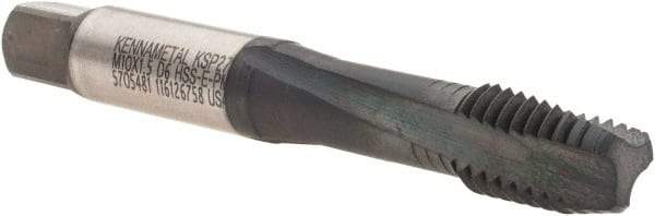 Kennametal - M10x1.50 Metric Coarse 3 Flute 6H Modified Bottoming Spiral Flute Tap - Vanadium High Speed Steel, AlCrTiN Finish, 2-15/16" OAL, Right Hand Flute, Right Hand Thread, D6, Series T692 - Benchmark Tooling