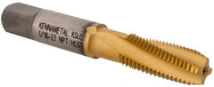 Kennametal - 1/16-27 NPT, 15° Helix, 4 Flutes, 2-1/2 - 3-1/2 Chamfer, TiN Finish, High Speed Steel, Spiral Flute Pipe Tap - Right Hand Flute, 0.69" Thread Length, 0.3120" Projection, Series T854 - Benchmark Tooling
