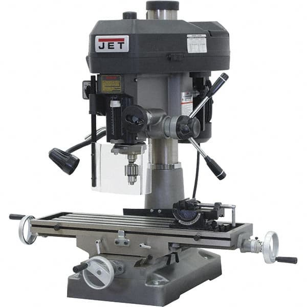 Jet - 1 Phase, 15-7/8" Swing, Step Pulley Mill Drill Combination - 9-1/2" Table Length x 32-1/4" Table Width, 20-1/2" Longitudinal Travel, 7" Cross Travel, 12 Spindle Speeds, 2 hp, 115/230 Volts - Benchmark Tooling