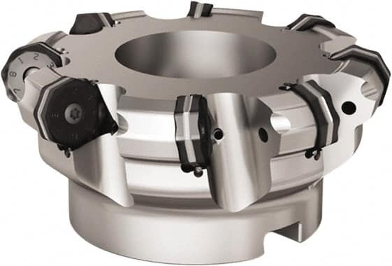 Seco - 8 Inserts, 5.311" Cutter Diam, 0.0787" Max Depth of Cut, Indexable High-Feed Face Mill - 1.5748" Arbor Hole Diam, 0.6457" Keyway Width, 2.4803" High, R220.21 Toolholder, ON.. 09.. Inserts - Benchmark Tooling