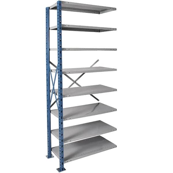 Hallowell - 8 Shelf Add-On Heavy-Duty Open Steel Shelving - 500 Lb Capacity, 48" Wide x 87" High x 24" Deep, Blue/Platinum - Benchmark Tooling