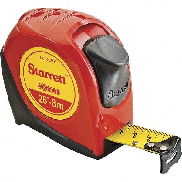 Starrett - 26' x 1" Yellow Blade Tape Measure - 1/16" & 1mm Graduation, S9 Graduation Style, Red Case - Benchmark Tooling