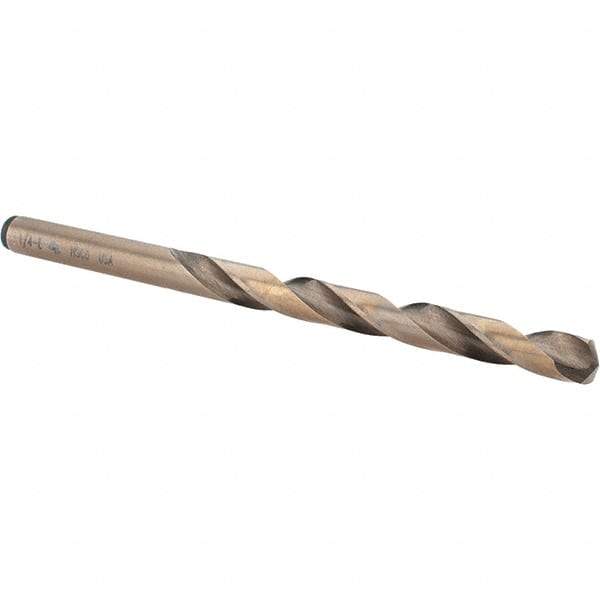Chicago-Latrobe - Letter E (1/4) 135° Cobalt Jobber Drill - Gold Finish Finish, Right Hand Cut, Spiral Flute, Straight Shank, 101.6mm OAL, Split Point - Benchmark Tooling