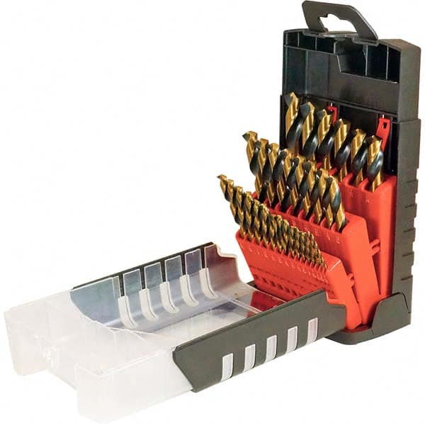 Cle-Force - 1/16 to 1/2", 135° Point, Oxide/Gold Finish, High Speed Steel Maintenance Length Drill Bit Set - Benchmark Tooling