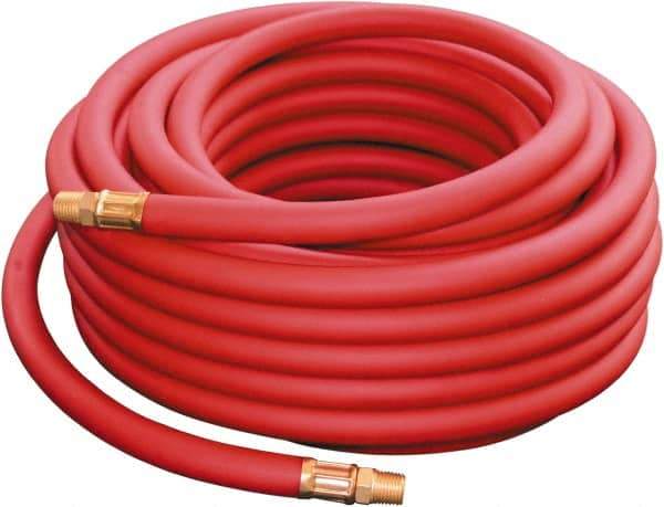 PRO-SOURCE - 3/8" ID x 0.69" OD 50' Long Multipurpose Air Hose - MNPT x MNPT Ends, 300 Working psi, -30 to 176°F, 1/4" Fitting, Red - Benchmark Tooling