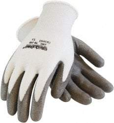 PRO-SAFE - Size XS (6), ANSI Cut Lvl A2, Puncture Lvl 1, Abrasion Lvl 4, Polyurethane Coated HPPE Fiber Cut Resistant Gloves - 9" Long, Palm & Fingers Coated, HPPE Fiber Lining, Continuous Cuff, Gray/White, Paired - Benchmark Tooling