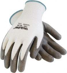 PRO-SAFE - Size 2XL (11), ANSI Cut Lvl A2, Puncture Lvl 1, Abrasion Lvl 4, Polyurethane Coated HPPE Fiber Cut Resistant Gloves - 9" Long, Palm & Fingers Coated, HPPE Fiber Lining, Continuous Cuff, Gray/White, Paired - Benchmark Tooling