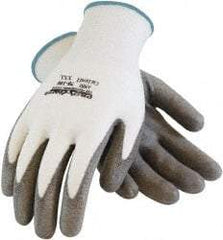 PRO-SAFE - Size 2XL (11), ANSI Cut Lvl A2, Puncture Lvl 1, Abrasion Lvl 4, Polyurethane Coated HPPE Fiber Cut Resistant Gloves - 9" Long, Palm & Fingers Coated, HPPE Fiber Lining, Continuous Cuff, Gray/White, Paired - Benchmark Tooling