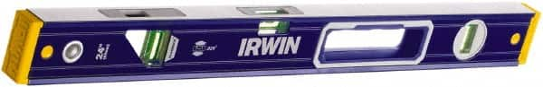 Irwin - Magnetic 24" Long 3 Vial Box Beam Level - Aluminum, Blue/Yellow, 1 Level & 2 Plumb Vials - Benchmark Tooling