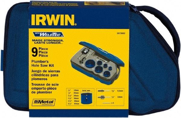 Irwin Blades - 9 Piece, 3/4" to 2-1/4" Saw Diam, Plumber's Hole Saw Kit - Bi-Metal, Toothed Edge, Pilot Drill Model No. 373000, Includes 6 Hole Saws - Benchmark Tooling