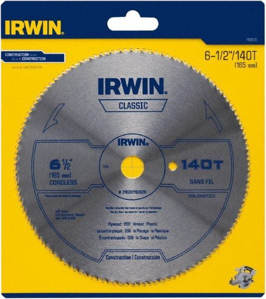 Irwin - 6-1/2" Diam, 5/8" Arbor Hole Diam, 140 Tooth Wet & Dry Cut Saw Blade - High Carbon Steel, Smooth Action, Standard Round Arbor - Benchmark Tooling