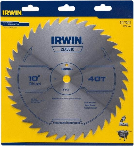 Irwin Blades - 10" Diam, 5/8" Arbor Hole Diam, 40 Tooth Wet & Dry Cut Saw Blade - High Carbon Steel, Smooth Action, Standard Round Arbor - Benchmark Tooling