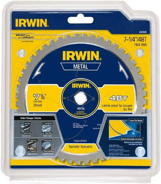 Irwin Blades - 7-1/4" Diam, 5/8" Arbor Hole Diam, 48 Tooth Wet & Dry Cut Saw Blade - Carbide-Tipped, Smooth Action, Standard Round Arbor - Benchmark Tooling